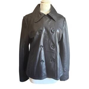 DKNY Black Double-Breasted Napa Leather Jacket Women’s Size Large – Authentic